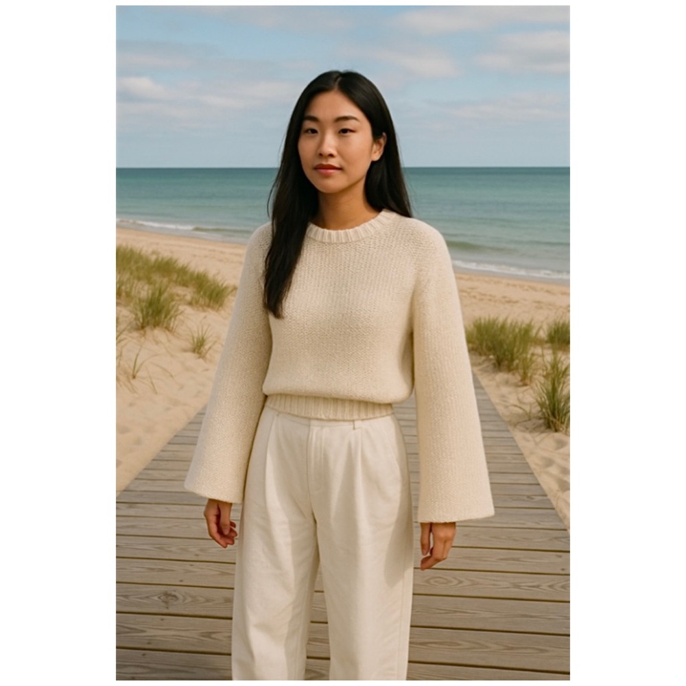 ALC Ivory Cotton Knit Crewneck‎ Relax Fit Wide Sleeve Pullover Cropped Sweater M
